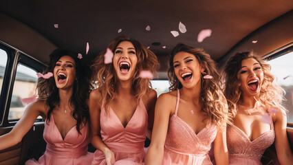young women have a bachelorette party in a stretch limousine, they have fun and laugh - 765022030