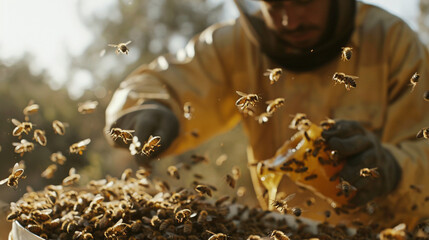 beekeeper harvesting honey. - obrazy, fototapety, plakaty