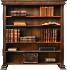 Classic bookshelf filled with antique books and vintage decor, cut out transparent