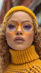 stylish woman in yellow knitwear and fashionable eyeglasses close-up