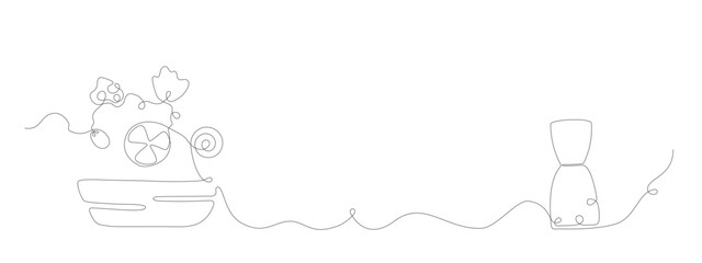 Continuous one line drawing fresh vegetable greek salad bowl, pepper mill banner. Vector poster with simole hand drawn line