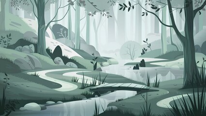 A serene and captivating digital illustration of a mystical forest scene, featuring a small bridge over a gently flowing stream surrounded by lush vegetation and towering trees