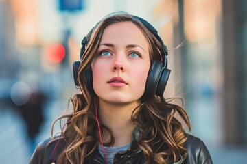 Focused Woman run headphones. Music happy. Generate Ai