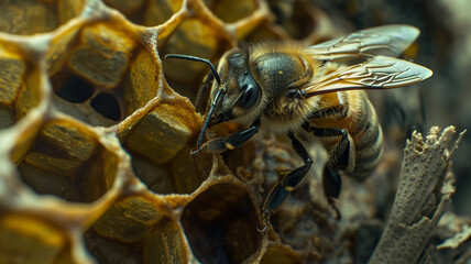 micro close up of bee on the bee hives.