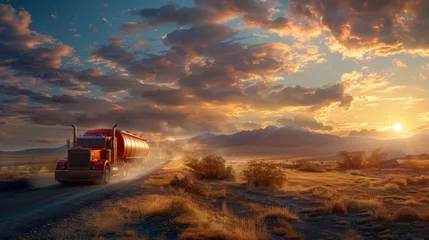 Foto op Canvas Red semi truck transporting cargo on a highway through a desert at a majestic sunset. © khonkangrua