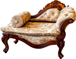 Elegant tufted leather chaise lounge with carved wooden legs, cut out transparent