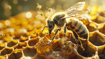 Tafelkleed micro close up of bee on the bee hives. © Lucianastudio