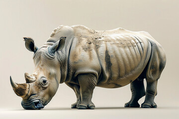 a rhinoceros, captured in a photographically detailed portrait style, stands still. the light beige...