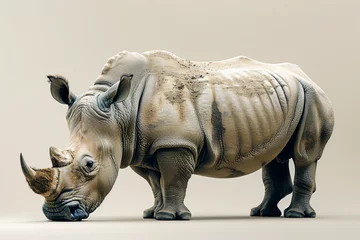 Zelfklevend Fotobehang a rhinoceros, captured in a photographically detailed portrait style, stands still. the light beige and black colors highlight its majestic presence. the use of time-lapse photography adds a dynamic  © Izhar