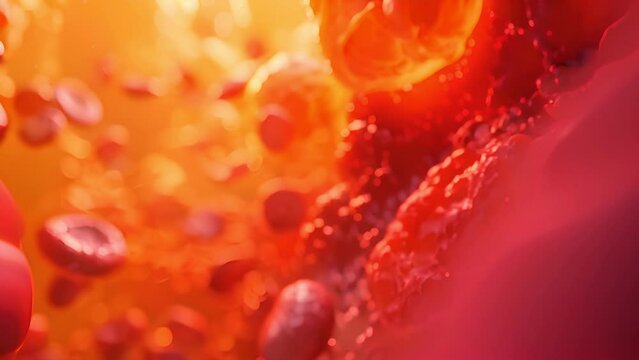 microbiology, Fat hyperlipidemia or arteriosclerosis hemoglobin red blood vessel cell micro microscope inside interior human body. Embolism and cholesterol and intestinal tumors