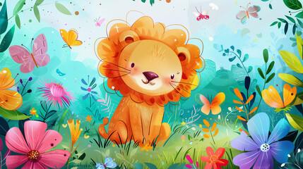A charming illustration of a cute cartoon lion surrounded by vibrant flowers and butterflies in a whimsical jungle setting.