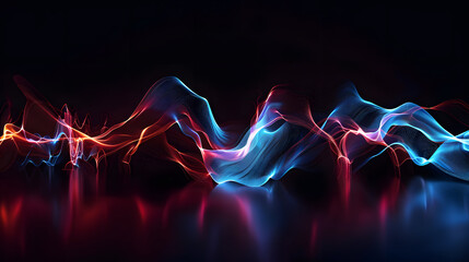Glowing neon wave lines on abstract background with bokeh lights data transfer concept