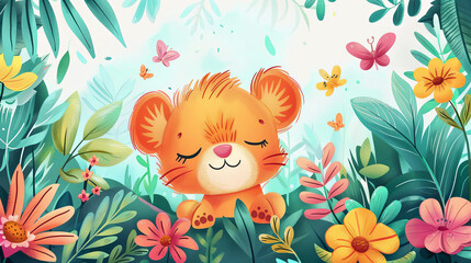 A heartwarming digital illustration depicts a content cartoon tiger cub surrounded by a bounty of spring flowers and butterflies.