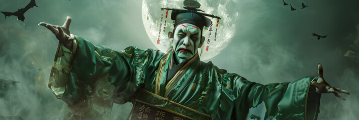 Eerie Representation of Jiangshi - An Iconic Figure in Chinese Folklore under the Moonlit Night - obrazy, fototapety, plakaty