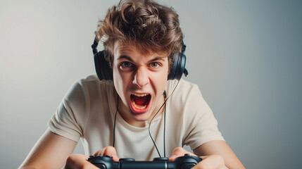 Thrilled Young Gamer Yelling in Victory with Game Controller and Headset On