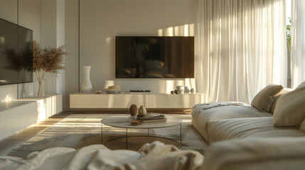A stylish minimalist living room with sunlight streaming through sheer curtains, creating a warm and inviting space.