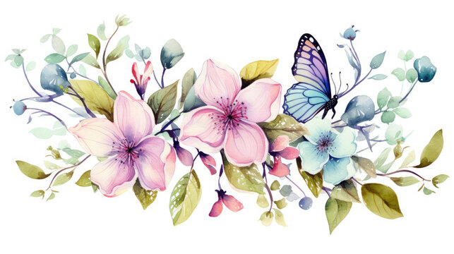 Watercolor floral seamless pattern with colorful wildflowers, tree branch, leaves, plants and flying butterflies, isolated on white. Panoramic horizontal isolated illustration. Garden background