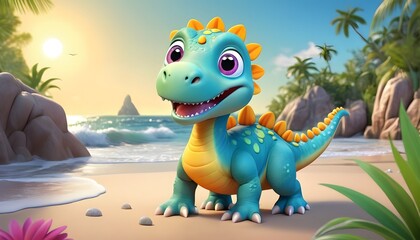 3d cartoon character illustration of a baby dinosaur in a winter sea beach, sun, jungle, flower...