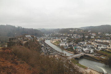 View of the famous town of Bouillon in the heart of the Vallée de la Semois National Park in the Walloon Region, Belgium - obrazy, fototapety, plakaty