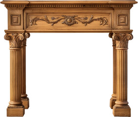 Exquisite carved oak fireplace mantel with intricate details, cut out transparent
