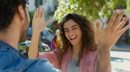 Obraz premium Laughing latin american female young adult giving high five to hispanic friend