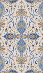 Vintage blue and beige floral background. Pattern with stylized vases and flowers. - 765024409
