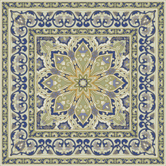 Design for carpet, textile, cushion, scarf. Oriental floral ornament with frame. Vector square pattern with ornamental flowers. - 765024411