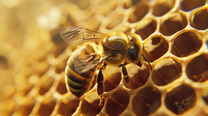 micro close up of bee on the bee hives.