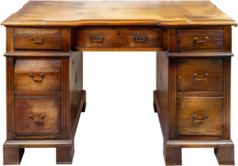 Vintage wooden desk with multiple drawers and brass handles, cut out transparent