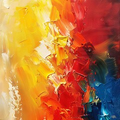 Vibrant abstract oil painting on canvas, featuring a lively blend of yellow, red, and other colors...