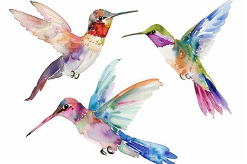 Dreamy watercolor clipart of hummingbirds, each image showcasing the delicate grace and beauty of these birds, with wings in elegant strokes, isolated on a white background.
