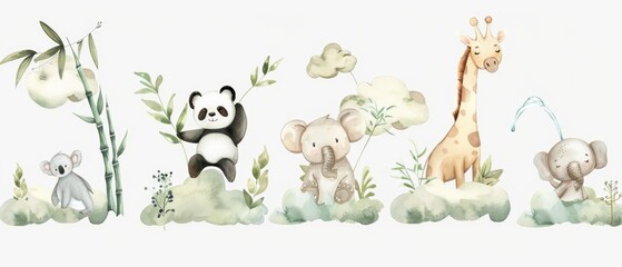 Obraz premium Dreamy watercolor clipart set presenting a serene panda in a bamboo grove, a sloth in a leisurely stretch, a giraffe with a long neck among clouds, a koala enjoying eucalyptus dreams, and an elephant 
