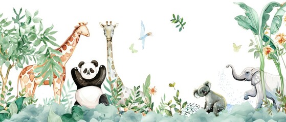 Fototapeta premium Dreamy watercolor clipart set presenting a serene panda in a bamboo grove, a sloth in a leisurely stretch, a giraffe with a long neck among clouds, a koala enjoying eucalyptus dreams, and an elephant 