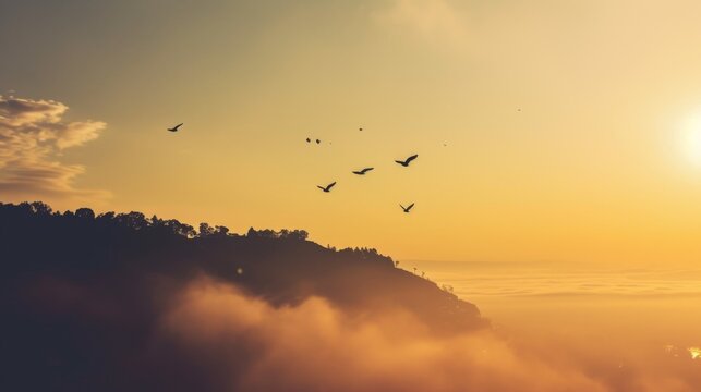 Birds flying over mist-covered mountains at sunrise, evoking a serene and tranquil scene in nature