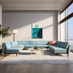  Mid-century style sofa covered in pastel-toned soft fabric.
Generative AI.