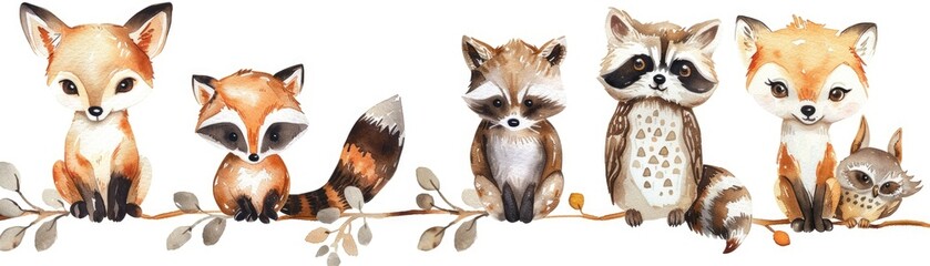 Adorable set of forest friends in watercolor clipart, including a playful baby fox, gentle deer, mischievous raccoon, and sleepy owl, on a white background.