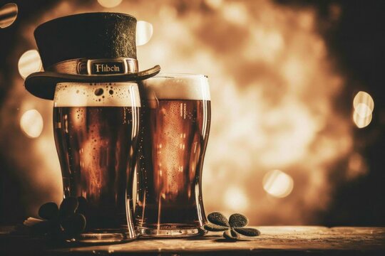 Two pints of beer on a rustic table with a vintage top hat and soft glowing lights in the background
