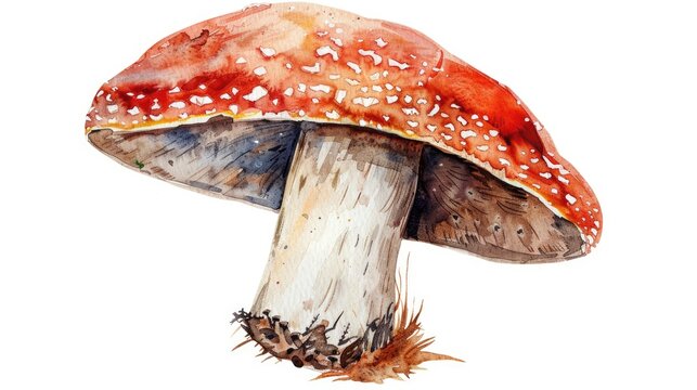A single, delicately painted watercolor boletus mushroom clipart, showcasing vibrant hues and textures, isolated on a white background for clarity.