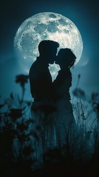 Lovers silhouette against full moon, closeup, soft focus, mysterious aura