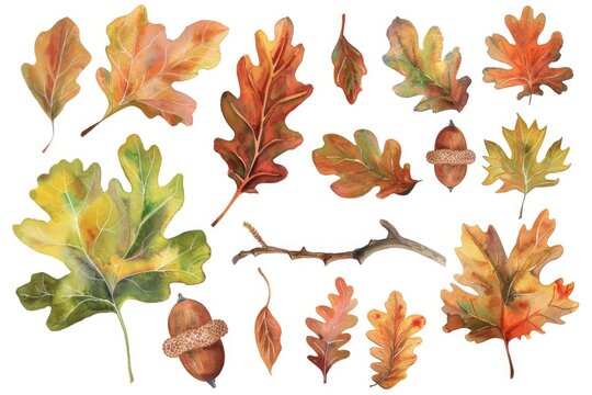 Botanical clipart set in watercolor, including oak leaves and acorn twigs, rendered with vibrant life-like colors, each piece isolated on a white backdrop.