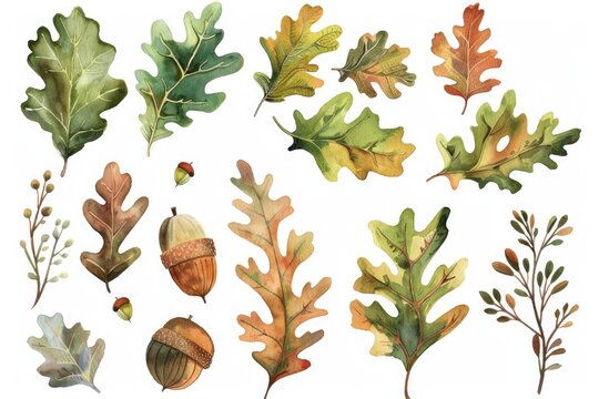 Botanical clipart set in watercolor, including oak leaves and acorn twigs, rendered with vibrant life-like colors, each piece isolated on a white backdrop.