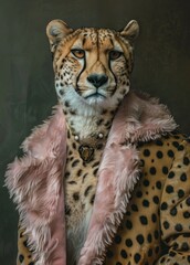 A suave cheetah dressed in a pink feather boa & patterned jacket exudes a cool retro vibe, blending animal and human fashions