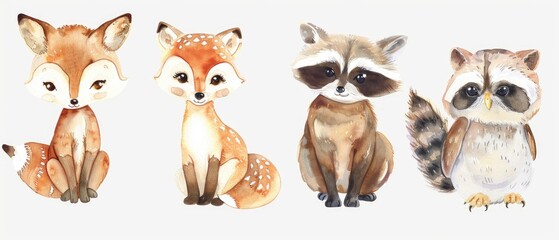 Fototapeta premium Dreamy watercolor clipart collection, picturing a fluffy baby fox, a soft-spotted deer, a clever raccoon, and a twinkling-eyed owl, each set against white.
