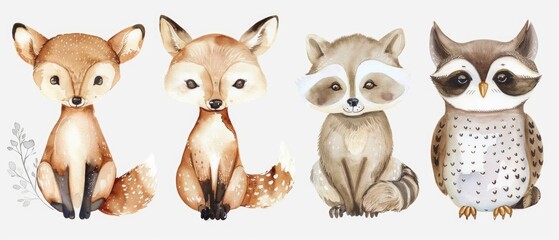 Dreamy watercolor clipart collection, picturing a fluffy baby fox, a soft-spotted deer, a clever raccoon, and a twinkling-eyed owl, each set against white.