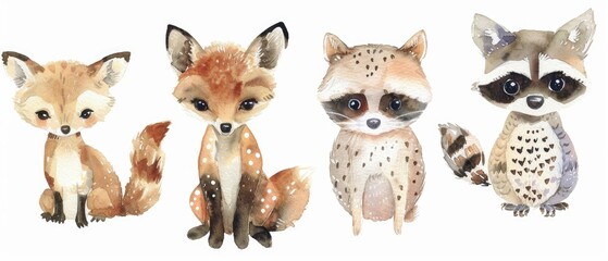 Dreamy watercolor clipart collection, picturing a fluffy baby fox, a soft-spotted deer, a clever raccoon, and a twinkling-eyed owl, each set against white.