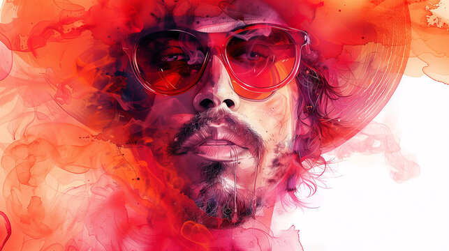 Stylized portrait of a man with sunglasses, merged with vibrant red and orange smoke effects.