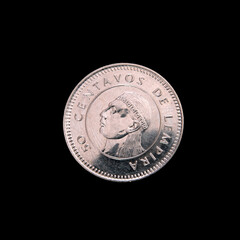 Honduras 50 centavos coin on a black background.