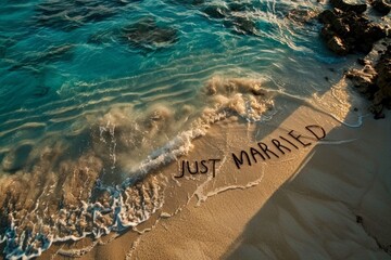 Turquoise ocean waves are about to wash away the 'Just Married' inscription on the sandy beach edge