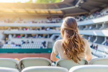 Young woman watches tennis match supporting favorite player. Woman voice blends with chorus of fans rallying behind chosen athletes - obrazy, fototapety, plakaty