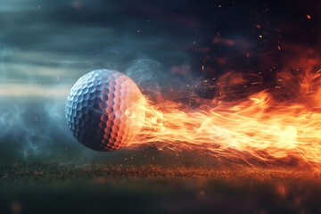 Golf ball soars creating fire flames above course as symbol of successful golf swing maneuver. Concept of dynamic nature of professional golf - obrazy, fototapety, plakaty